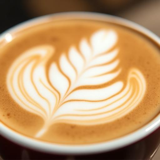 Makroaufnahme von kunstvoller Latte Art in Form eines Farnblatts.
